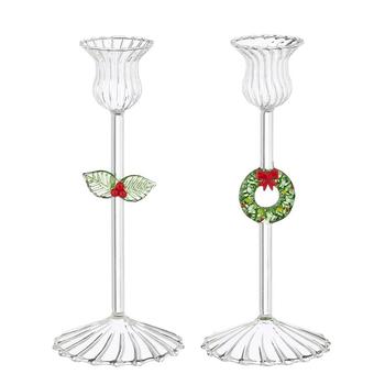 Visuel 1 du produit Bougeoir en verre transparent avec décor houx vert et rouge - Ø 8 x H 18 cm