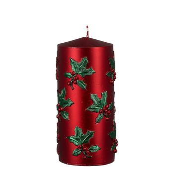 Visuel 1 du produit Bougie pilier en paraffine rouge avec décor feuilles de houx - Ø 7 x H 15,5 cm