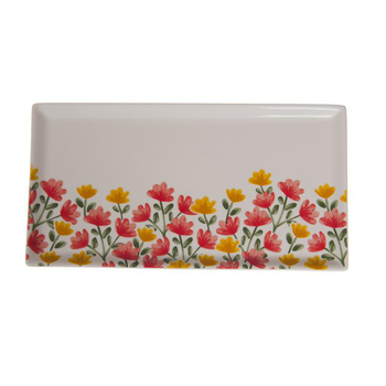 Visuel 1 du produit Plat à cake rectangulaire en céramique blanche à motif fleurs Louise - 31 x 16 x 1 cm