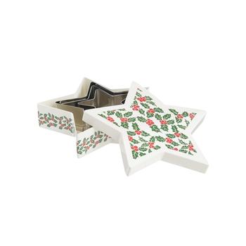 Visuel 1 du produit Boîte forme étoile en acier inoxydable blanc à motifs houx vert et rouge avec 3 emporte-pièces - Ø 13 x H 3,5 cm