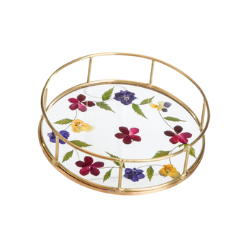 Visuel 1 du produit Vide-poche rond en verre avec fleurs séchées et bord doré - 17,5 x 4,5 cm