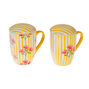 Visuel 1 du produit Coffret mug en céramique à rayures jaunes et motif fleurs avec filtre Louise - 12 x 9 x 12 cm