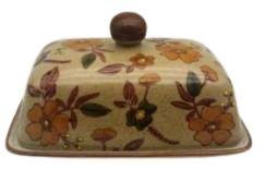 Visuel 1 du produit Beurrier en grès beige décoré fleurs multicolores Aveline - 16 x 11 x 11 cm