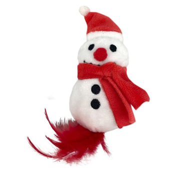 Visuel 1 du produit Jouet pour chat coloris blanc et rouge peluche de Noël bonhomme de neige Bubimex - 13 cm