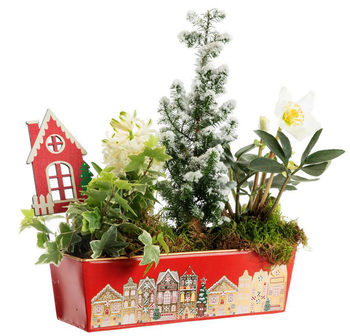 Visuel 1 du produit Composition jardinette zinc rouge décor village - 26 cm