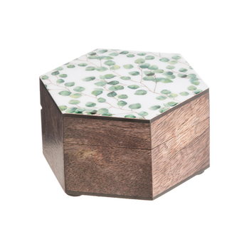 Visuel 1 du produit Boîte hexagonale en bois de manguier brun et motifs eucalyptus - 11 x 13 x 6,5 cm