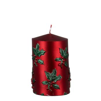 Visuel 1 du produit Bougie pilier en paraffine rouge avec décor feuilles de houx petit modèle - Ø 7 x H 11 cm