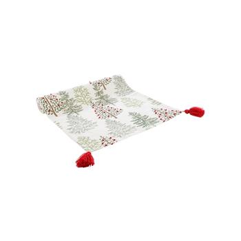 Visuel 1 du produit Chemin de table en coton crème à motif sapins verts et rouges - 150 x 50 cm