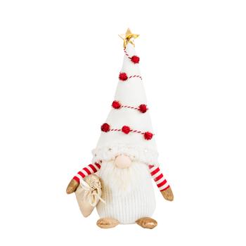Visuel 1 du produit Peluche décorative de Noël gnome assis bonnet pompons en polyester coloris rouge et blanc - H 45 cm