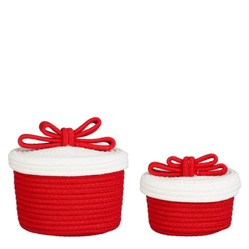 Visuel 1 du produit Corbeille rouge à couvercle blanc en corde tressée taille M - Ø 20 x 15 cm
