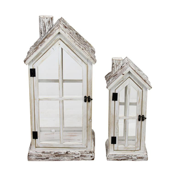 Visuel 1 du produit Lanterne en bois de sapin forme maison blanche avec verre grand modèle - 28 x 21 x 57 cm