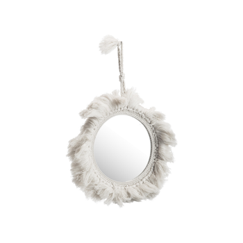 Visuel 1 du produit Miroir rond à décor pompons beige en verre acrylique et bois - Ø 30 cm