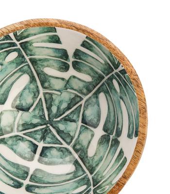 Visuel 1 du produit Saladier rond en bois de manguier intérieur émaillé décor feuilles vert- Ø 25 x H 13 cm