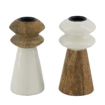 Visuel 1 du produit Porte-bougie en bois de manguier naturel et laqué blanc - Ø 6 x H 13 cm