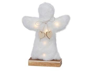 Visuel 1 du produit Ange en fourrure blanche à micro LED blanc chaud sur socle en bois  - 5 x 20 x 27,5 cm