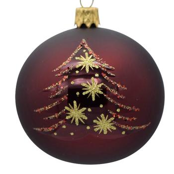 Visuel 1 du produit Boule de Noël en verre bordeaux avec motif sapin or - Ø 7 cm