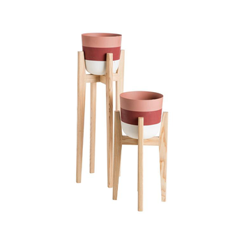 Visuel 1 du produit Porte-plante rond terracotta/bordeaux/crème sur pied en bois de frêne haut - 25 x 25 x 76,5 cm