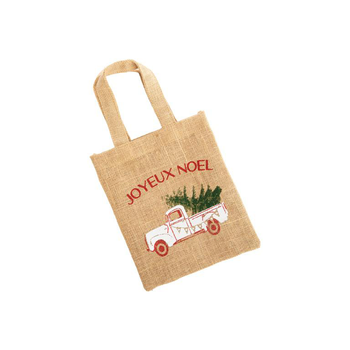 Visuel 1 du produit Petit sac en jute décor sapin dans van beige, blanc et vert - 20 x 24 cm