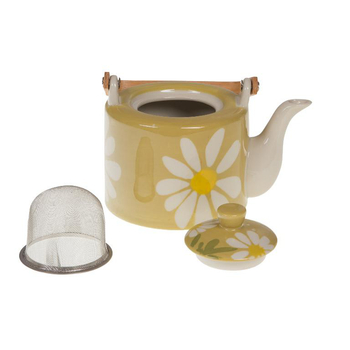 Visuel 1 du produit Théière avec infuseur en grès jaune à fleurs et anse bambou Daisy - 19 x 18 x 12 cm