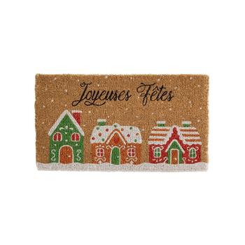 Visuel 1 du produit Paillasson en fibre de coco naturel avec motif village rouge et vert Joyeuses fêtes - 72 x 40 cm