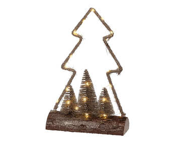 Visuel 1 du produit Sapin en jute marron sur buche en bois à micro LED or et blanc chaud  - 9 x 23,5 x 34 cm