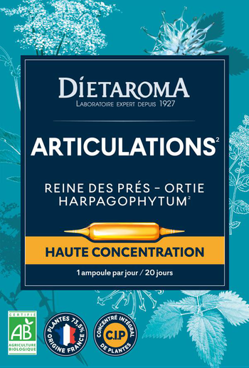 Visuel 1 du produit Complément alimentaire reine des prés, ortie, harpagophytum CIP bio Dietaroma articulations - 20 ampoules x 10 ml