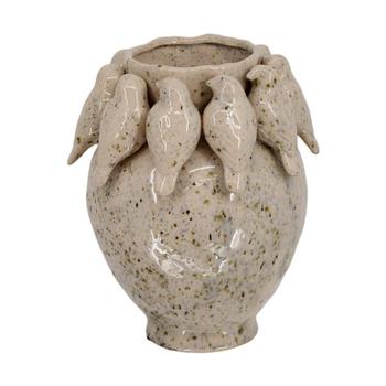 Visuel 1 du produit Vase en barbotine gris ciment avec oiseaux - Ø 22,7 x H 28 cm
