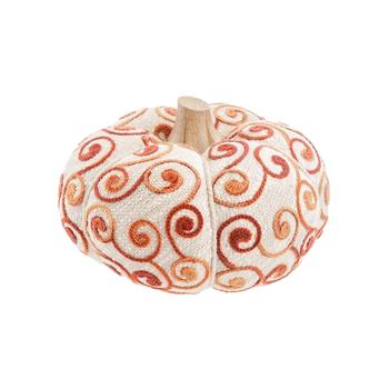 Visuel 1 du produit Citrouille décorative en bois et tissu blanc à volutes orange - Ø 15 x H 12 cm
