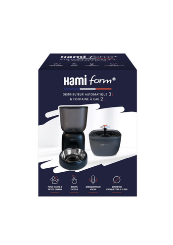 Visuel 1 du produit Kit distributeur de croquettes et fontaine à eau pour chat et petit chien coloris noir programmable HamiForm