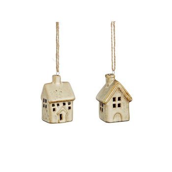 Visuel 1 du produit Décoration à suspendre forme maison en porcelaine beige - 4 x 3 x 7 cm