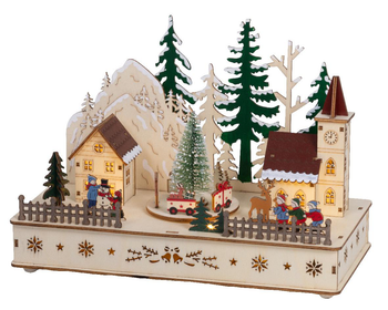 Visuel 1 du produit Village animé en contreplaqué avec église lumineuse à 7 LED - 14 x 28 x 20 cm