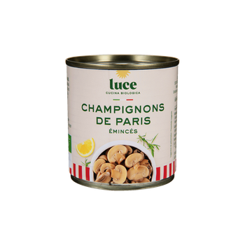 Visuel 1 du produit Champignon de Paris émincés bio Luce en boîte de 200 g - les 3 boîtes