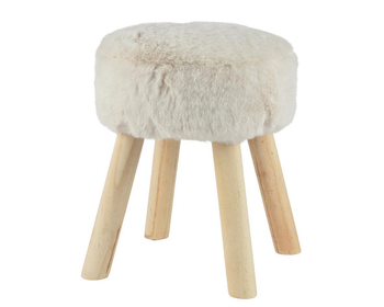 Visuel 1 du produit Tabouret en fausse fourrure crème avec pieds en bois - Ø 30 x H 38 cm