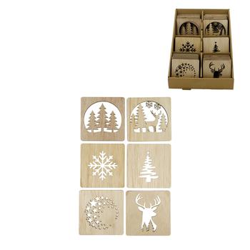 Visuel 1 du produit Coffret de 6 dessous de verre carrés en contreplaqué naturel à motif de Noël - 10 x 10 cm