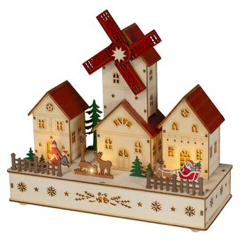 Visuel 1 du produit Village de Noël en bois animé moulin LED blanc chaud intérieur - L 12 x 28 x H 26,50 cm