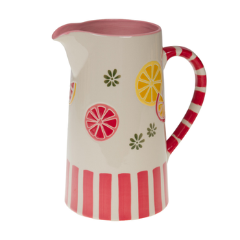 Visuel 1 du produit Pichet en grès à rayures roses et motif fruits Zestine - 13 x 20 x 22 cm