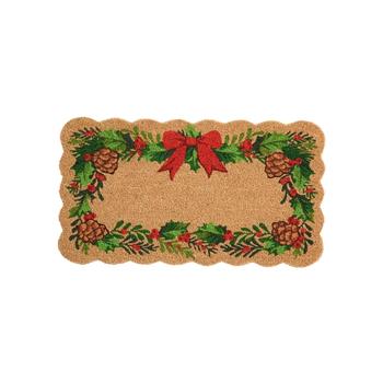 Visuel 1 du produit Paillasson en fibre de coco naturel à bords découpés et motif couronne d’hiver verte et rouge - 72 x 40 cm