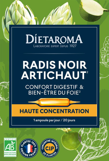 Visuel 1 du produit Complément alimentaire radis noir, artichaut CIP bio Dietaroma confort digestif et bien-être du foie - 20 ampoules x 10 ml