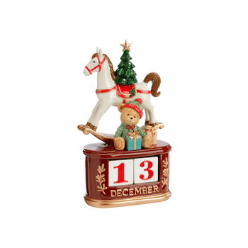 Visuel 1 du produit Calendrier décoratif en polyrésine bordeaux avec cheval à bascule blanc - 13,5 x 7,5 x 23,5 cm