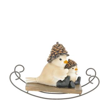 Visuel 1 du produit Figurine oiseau blanc sur luge en polyrésine marron - 20 x 7,5 x 13,5 cm