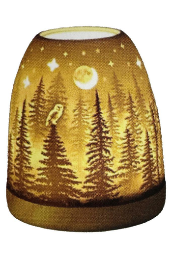 Visuel 1 du produit Photophore mini igloo en céramique blanche et socle bois motif foret et hibou - Ø 9 x H 11 cm