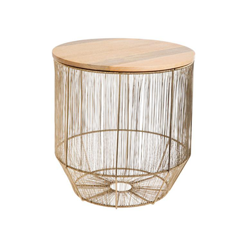 Visuel 1 du produit Corbeille filaire en métal doré avec plateau amovible en bois de manguier naturel - Ø 35,5 x H 38 cm