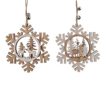 Visuel 1 du produit Flocon de neige en bois à suspendre avec renne blanc et marron - 12 x 12 x 0,7 cm
