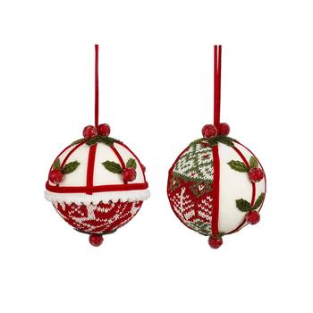 Visuel 1 du produit Boule de Noël effet tricot à décor de houx en laine rouge et blanche - Ø 10,5 cm