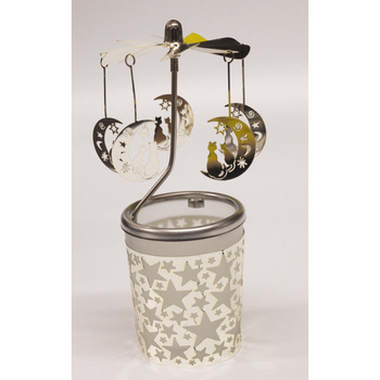 Visuel 1 du produit Carrousel photophore en métal argenté avec chats sur lune - H 12 cm