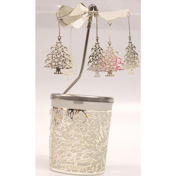 Visuel 1 du produit Carrousel photophore en métal argenté avec sapins de Noël - H 12 cm