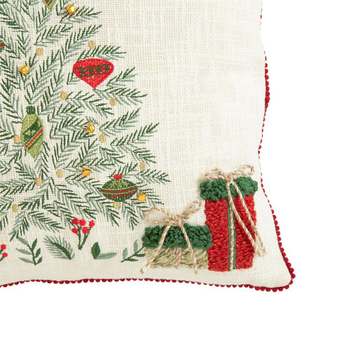 Visuel 1 du produit Coussin carré en coton blanc décor sapin vert brodé et bord rouge - 45 x 45 cm