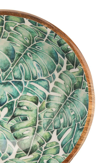 Visuel 1 du produit Saladier rond décoré feuilles coloris bleu en manguier émaillé - 30 x 30 x 13 cm