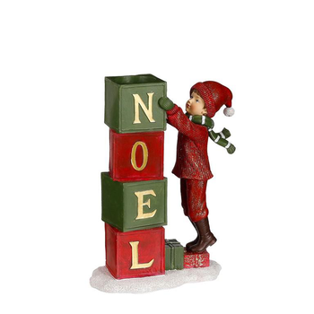 Visuel 1 du produit Figurine enfant et cubes de Noël rouges et verts en résine - 16 x 8,5 x H 21 cm