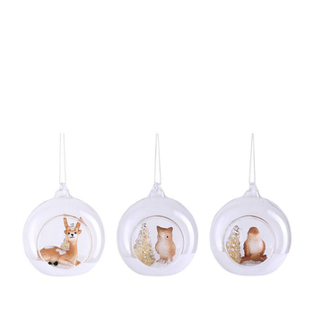 Visuel 1 du produit Décoration à suspendre en verre forme boule blanche avec animal 3D marron - Ø 8 cm